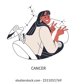 Sinal do zodíaco canceroso. Mulher feliz, personagem feminina astrológica. constelação de estrelas, avatar menina, símbolo do horóscopo moderno de astrologia. Ilustração vetorial gráfica plana isolada em fundo branco.