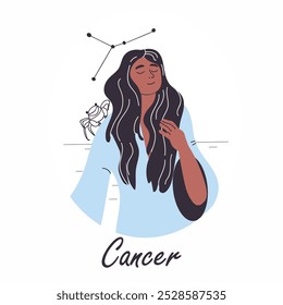 Cancer zodiac sign. Happy woman, girl, astrological female character. Star constellation, avatar, trending astrological horoscope symbol. Flat graphic vector illustration, hand drawn, flat.