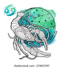 Cancer zodiac sign .Horoscope constellation,stars in circle composition.Watercolor stein,hand painting spot.White background.Symbol,sign of water.Sea life, animal.Artistic Vector  Illustration. 
