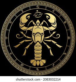 Cancer. Zodiac sign. Horoscope. Gold  circle on a black background.