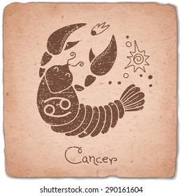 Cancer zodiac sign horoscope vintage card. Vector illustration.