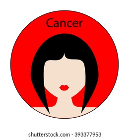 Cancer zodiac sign. Icon with fashionable woman face with trendy hairstyle. Red and black colors. Perfect for design.