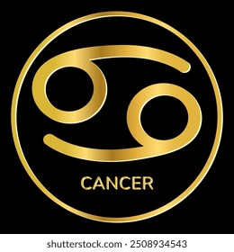 Cancer zodiac sign icon. Golden shine symbol isolated on black background. Tattoo image, astrological, zodiacal horoscope. Vector illustration.