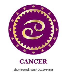 Cancer Zodiac sign icon isolated. Astrology and horoscope design element. Golden symbol on purple background decorated with stars. Vector illustration