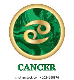 Cancer Zodiac sign icon isolated. Astrology and horoscope graphic design element. Golden symbol on malachite green background. Vector illustration