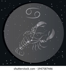 Cancer zodiac sign icon on dark night sky background. Sagittarius constellation