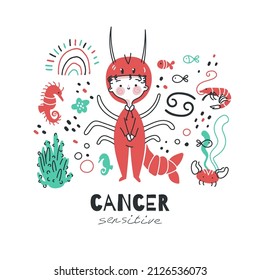 Cancer zodiac sign illustration. Astrological horoscope symbol character for kids. Colorful card with graphic elements for design. Hand drawn vector in cartoon style with lettering