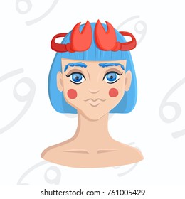 Cancer zodiac sign isolated on white background. Blue-haired girl with claw wreath on astrology seamless background.