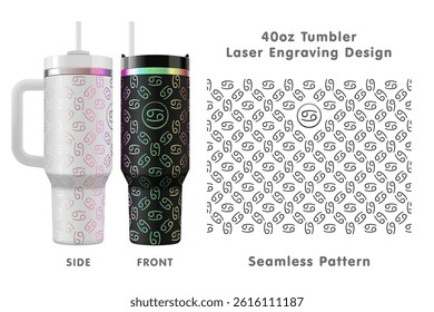 Cancer zodiac sign laser engraving design for 40oz tumbler. Seamless from edge to edge. Full tumbler wrap. Vector illustration.