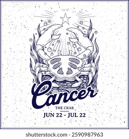Cancer Zodiac Sign Line Art – Artistic Vintage Illustration of The Crab with Lunar and Cosmic Accents Horoscope and Astrology 