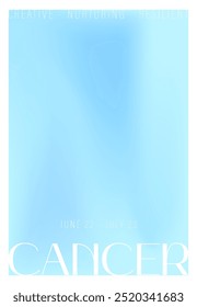 Cancer zodiac sign. Modern astrology poster in Y2k style. Blurred horoscope background. Gradient template for social media post. Perfect for tarot readers and astrologers. Vector illustration.