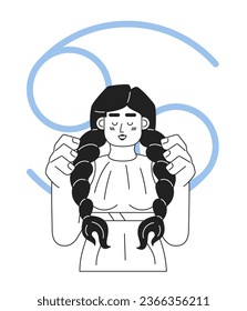 Cancer zodiac sign monochrome concept vector spot illustration. Young girl with two braids 2D flat bw cartoon character for web UI design. Astrology isolated editable hand drawn hero image