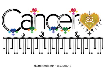 Cancer. Zodiac sign. Moon sign. Astrology sign gemstone label. Horoscope vector. Vedic sign title. Astrology sticker. Astronomy badge. Stock illustration. Lettering text. Gems and patterns.