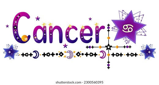 Cáncer. Signo zodiaco. Señal de la luna. Etiqueta de astrología. Señal de sol. Etiqueta astrológica. Estrellas espaciales planetas. Vector de horóscopo. Título védico de la señal. Insignia de astronomía. Ilustración bursátil. Texto de la carta. 