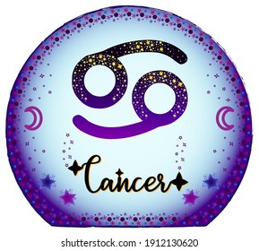 Cancer zodiac sign. Moon sign label. Astrology sign. Horoscope vector. Vedic sign title. Astrology sticker. Astronomy badge. Stock illustration. Purple magical globe. Stars and patterns.