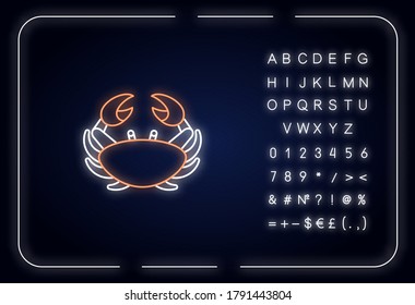 Cancer zodiac sign neon light icon. Outer glowing effect. Astrological crab sign with alphabet, numbers and symbols. Marine animal with claws. Vector isolated RGB color illustration