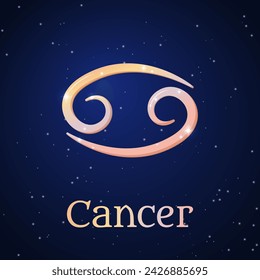 Cancer zodiac sign on dark blue starry sky. Cancer symbol. Astronomy, astrology, horoscope. Cosmos. Fourth zodiac sign - the ruler planet Moon. Element - Water. The Crab. Vector illustration