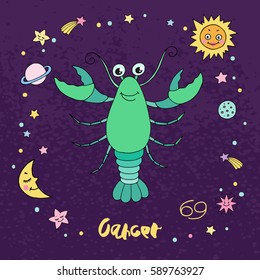 Cancer zodiac sign on night sky background with stars, sun, moon and planets. Design elements for calendars or cards. Vector illustration in cartoon style