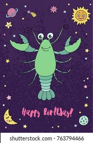 Cancer zodiac sign on night sky background with stars, sun, moon and planets. Cartoon illustration for calendars, greeting cards, birthday and other holiday
