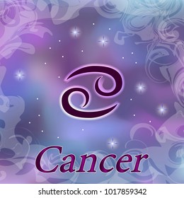 Cancer Zodiac sign on watercolor cosmic celestial background. Cosmos. stars and zodiacal sign. Astrology and horoscope design element. Vector illustration