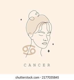 Cancer zodiac sign. One line drawing. Astrological icon with abstract woman face. Mystery and esoteric outline logo. Horoscope symbol. Linear vector illustration in minimalist style.