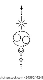 Signo del zodiaco del cáncer y símbolo tatuaje negro. Geometría sagrada horóscopo diseño de tatuaje, símbolo místico de constelación. Nuevo trabajo de punto de la escuela, arte de línea estilo minimalista tatuaje. Diseño boho.