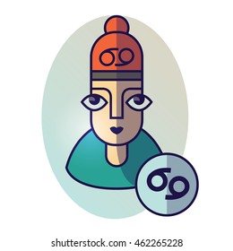 Cancer zodiac sign. Vector illustration of horoscope. Girl portrait in a Cancer character