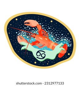 Cancer. Zodiac sign. Vector isolated composition on dark blue background. Horoscope concept. Red cancer lying in the water on the stones.