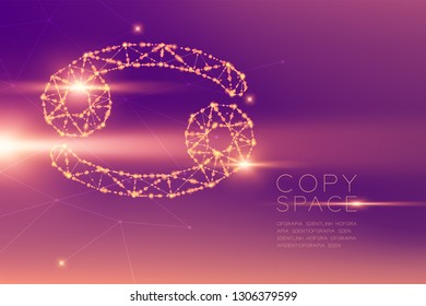 Cancer Zodiac sign wireframe polygon futuristic bokeh light frame structure and lens flare, Fortune teller concept design illustration isolated on purple gradients background with copy space