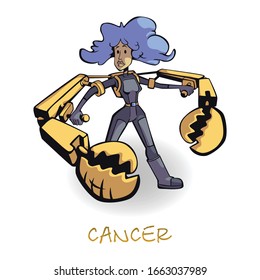 Cancer zodiac sign woman flat cartoon vector illustration. Girl with crab claws astrological symbol. Ready to use 2d character template for commercial, animation, printing design. Isolated comic hero