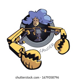 Cancer zodiac sign woman flat cartoon vector illustration. Astrological symbol personality, girl with huge crab claws. Ready to use 2d character for commercial, printing design. Isolated concept icon