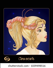 Cancer zodiac sign. A young beautiful girl In the form of one of the signs of the zodiac. Colorful stock illustration.