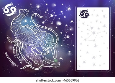 Cancer Zodiac sign.Cancer Horoscope constellation,stars.Vector Abstract space, dark sky blurred background,stars,shiny bokeh.Design template,text room.Astrology Illustration,Pisces silhouette
