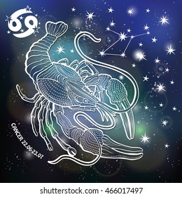 Cancer Zodiac sign.Cancer Horoscope constellation,stars.Vector Abstract space, dark sky blurred background,stars,shiny bokeh.Design template.Astrology Illustration,silhouette
