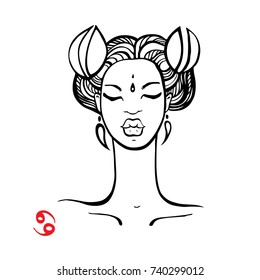 Cancer. Zodiac signs collection. Beautiful Ink fashion zodiac girl. Horoscope series. Vector illustration