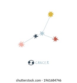 Cancer zodiac star sign clip art isolated on white. Celestial horoscope constellation vector illustration. Magical Boho baby spiritual astrological design.