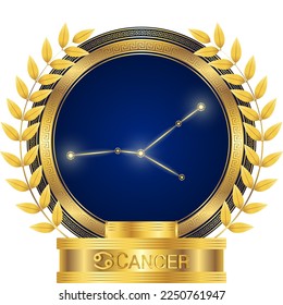 Cancer Zodiac Stellar Glowing Star Constellation Horoscope Astrology Fortune-Telling and Future Prediction, Water Element on Classic Golden Olive Wreath Trophy Icon Vector Design Illustration.