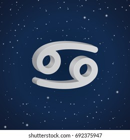 Cancer zodiac symbol, 3D white zodiac icon on the background of dark blue starry sky