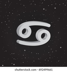 Cancer zodiac symbol, 3D white zodiac icon on the background of black starry sky