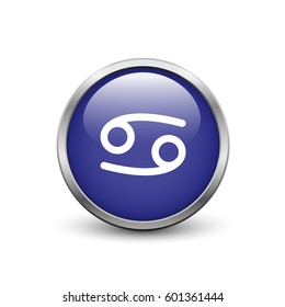 Cancer zodiac symbol, blue button with metal frame and shadow