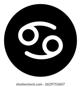 A cancer zodiac symbol in the center. Isolated white symbol in black circle. Vector illustration on white background