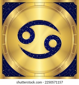 Cancer Zodiac Symbol, Classic Luxury Golden Greek Meander, Stellar Star Sign, Horoscope Astrology Fortune-Telling and Future Prediction, Element Badge Icon Vector Design Illustration.