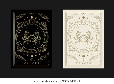 Cancer zodiac symbol with engraving, hand drawn, luxury, esoteric and boho styles. Fit for paranormal, tarot readers and astrologers