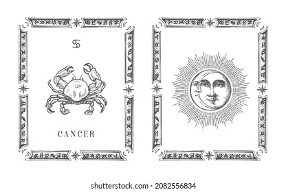 Cancer zodiac symbol in frame, drawn horoscope card in engraving style. Vintage illustration of astrological sign with Sun and Crescent in vector.