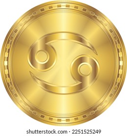 Cancer Zodiac Symbol Glowing Metal Round Gold Coin Digital Currency Icon Isolated on White Background Vector Illustration for Horoscope, Astrology.