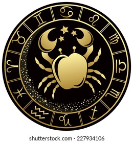 Cancer Zodiac symbol in the Golden round frame. Vector illustration.