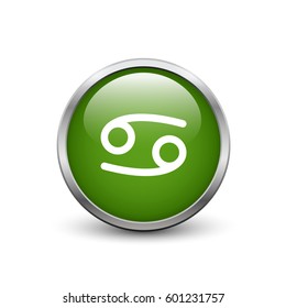 Cancer zodiac symbol, green button with metal frame and shadow
