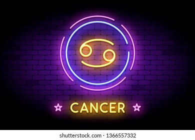 The Cancer zodiac symbol, horoscope sign in trendy neon style on a wall. Cancer astrology sign with light effects for web or print.