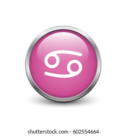 Cancer zodiac symbol, pink button with metal frame and shadow