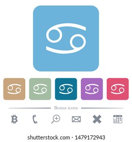 Cancer zodiac symbol white flat icons on color rounded square backgrounds. 6 bonus icons included